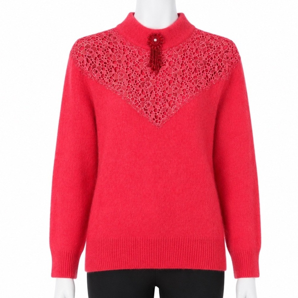 Belldini Sweater Women Medium Red Lace Yoke Beaded Tassel Mock Neck Angora Blend